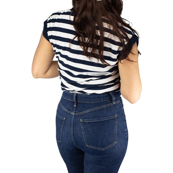 Tara Jarmon extended shoulder Navy blue/White striped Nautical T-shirt Size M - Picture 2 of 8